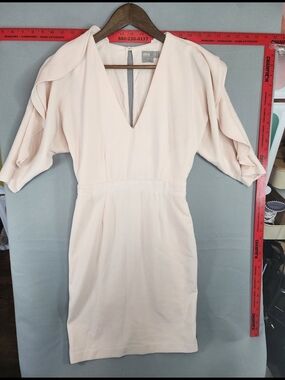 ASOS Pale Pink V-Neck Midi Dress with Puff Sleeve Detail